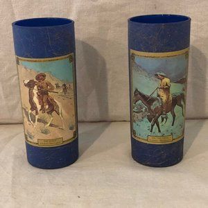 Set of 2 Vintage 1960's 6" Frederic Remington Old West Jim Beam Blue Drizzle Hi